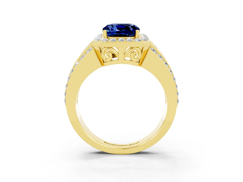 Yellow gold Cushion Cut Halo Blue Sapphire Ring with Split Shank and Four-Prong Setting_3