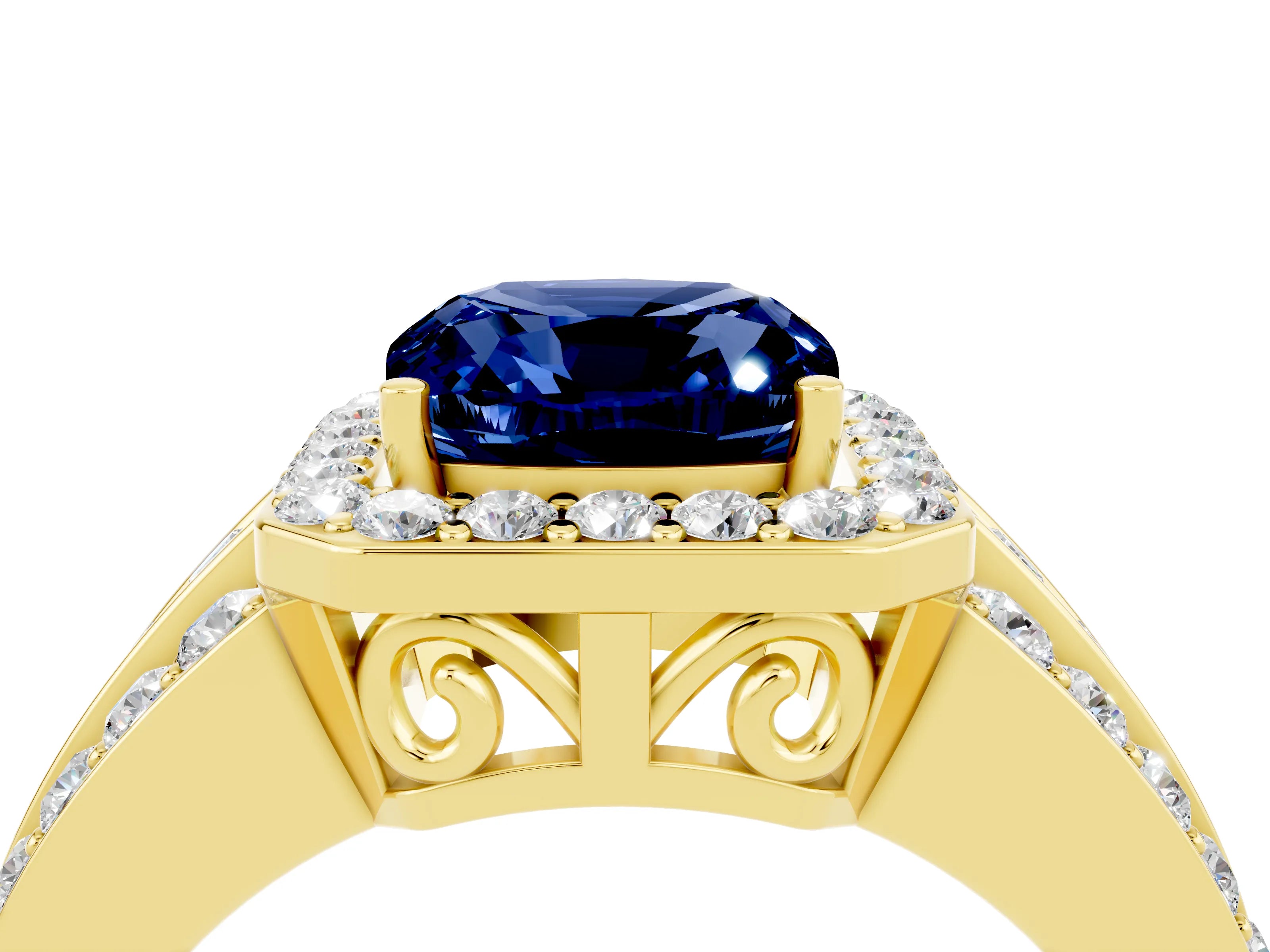 Yellow gold Cushion Cut Halo Blue Sapphire Ring with Split Shank and Four-Prong Setting_4