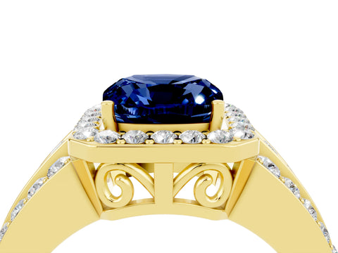 Yellow gold Cushion Cut Halo Blue Sapphire Ring with Split Shank and Four-Prong Setting_4