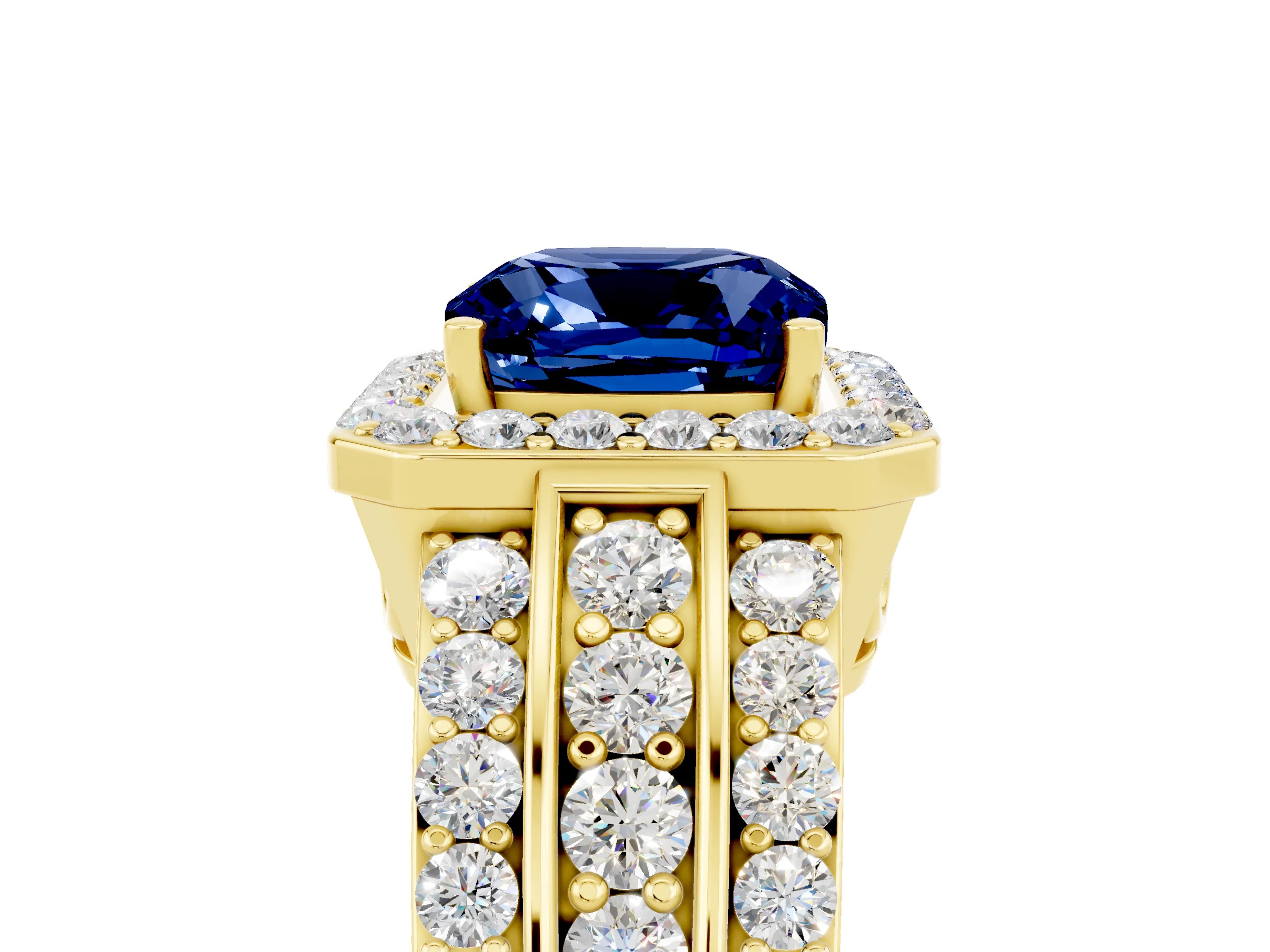 Yellow gold Cushion Cut Halo Blue Sapphire Ring with Split Shank and Four-Prong Setting_5
