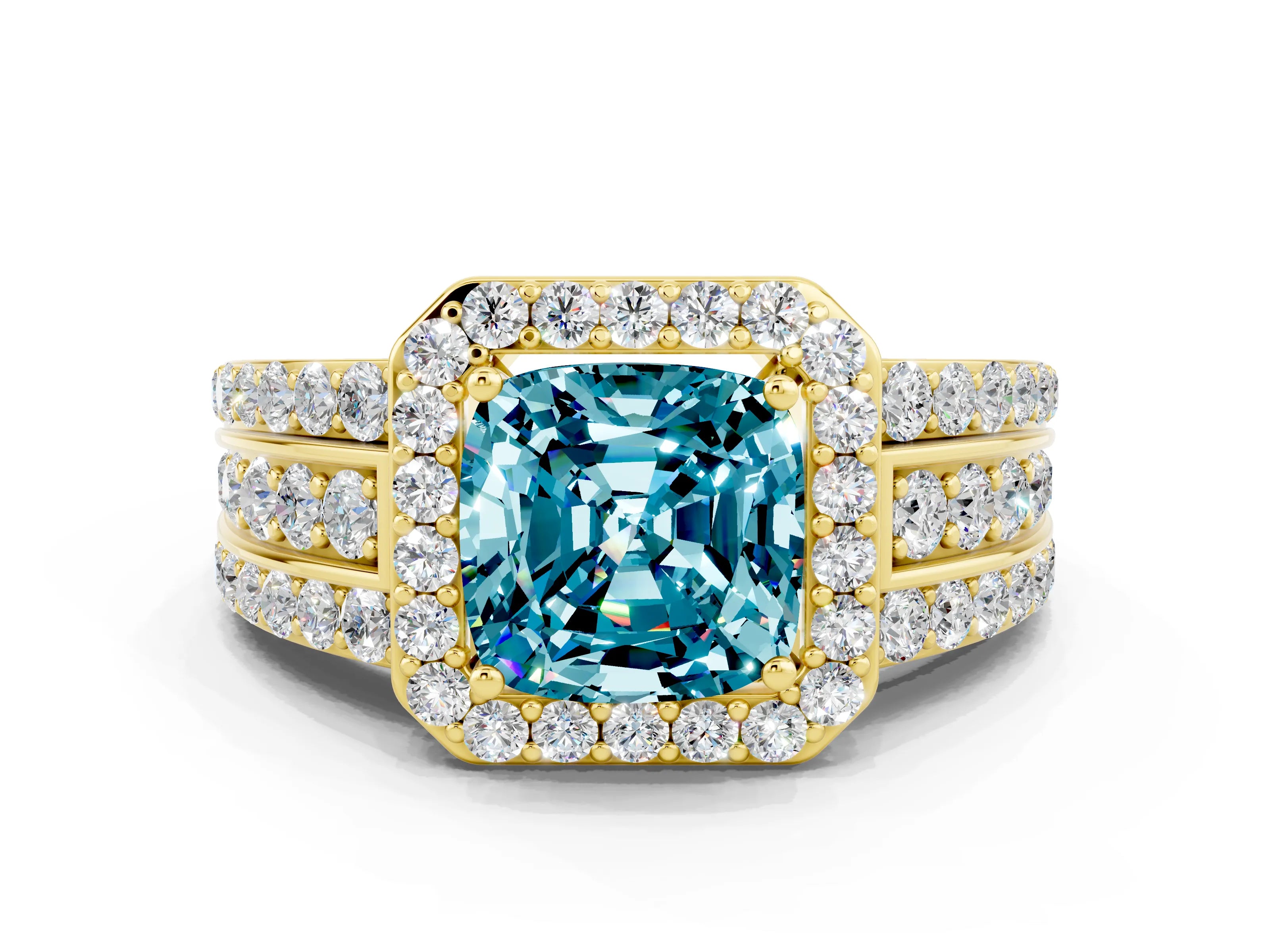 Yellow gold Cushion Cut Halo Blue Topaz Ring with Split Shank and Four-Prong Setting