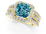 Yellow gold Cushion Cut Halo Blue Topaz Ring with Split Shank and Four-Prong Setting_1