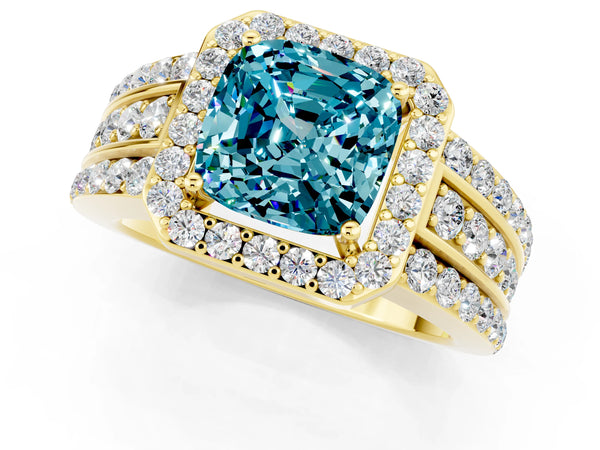 Yellow gold Cushion Cut Halo Blue Topaz Ring with Round  Split Shank and Prong Setting