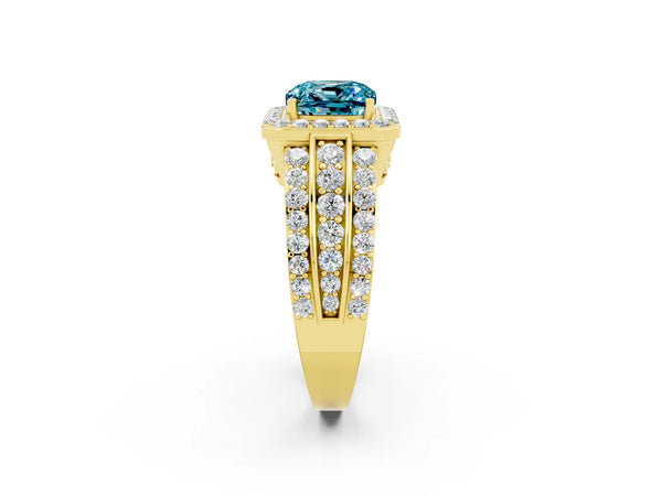 Yellow gold Cushion Cut Halo Blue Topaz Ring with Round  Split Shank and Prong Setting