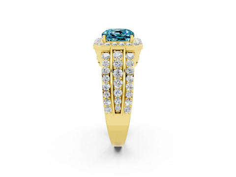 Yellow gold Cushion Cut Halo Blue Topaz Ring with Split Shank and Four-Prong Setting_2