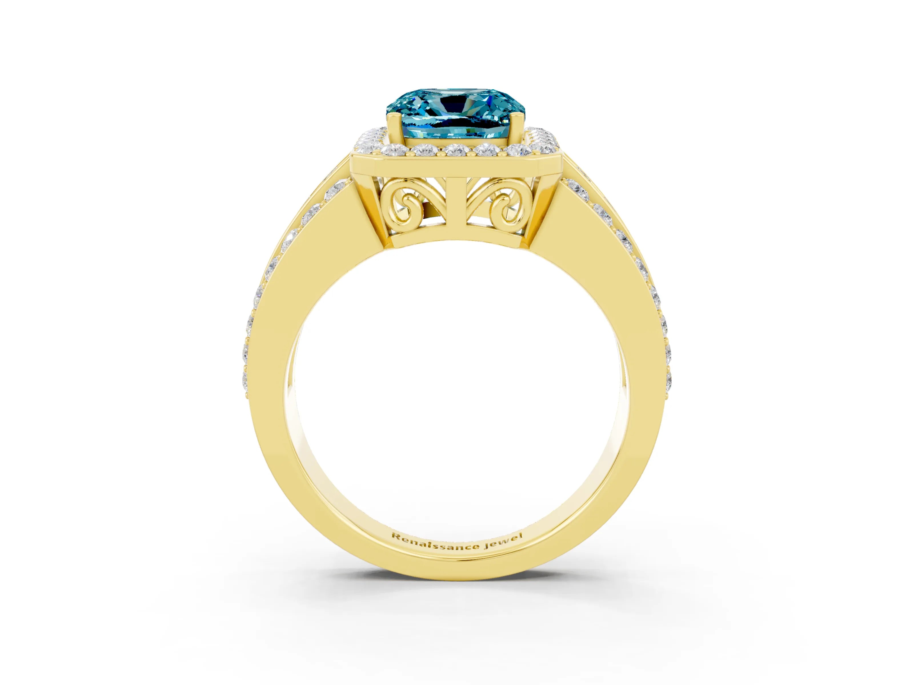 Yellow gold Cushion Cut Halo Blue Topaz Ring with Split Shank and Four-Prong Setting_3