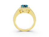 Yellow gold Cushion Cut Halo Blue Topaz Ring with Split Shank and Four-Prong Setting_3