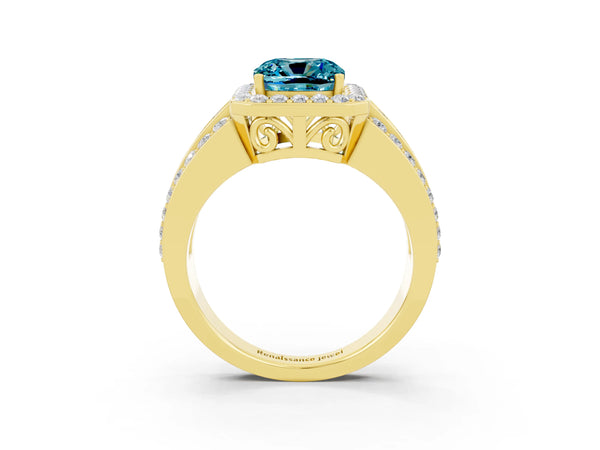 Yellow gold Cushion Cut Halo Blue Topaz Ring with Round  Split Shank and Prong Setting
