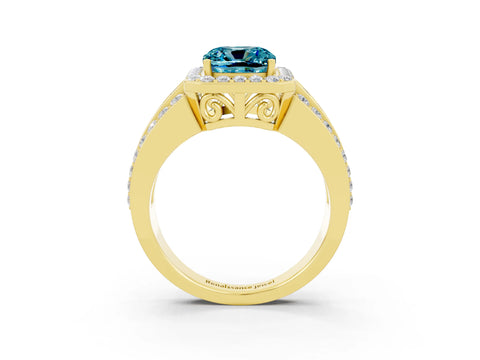 Yellow gold Cushion Cut Halo Blue Topaz Ring with Split Shank and Four-Prong Setting_3