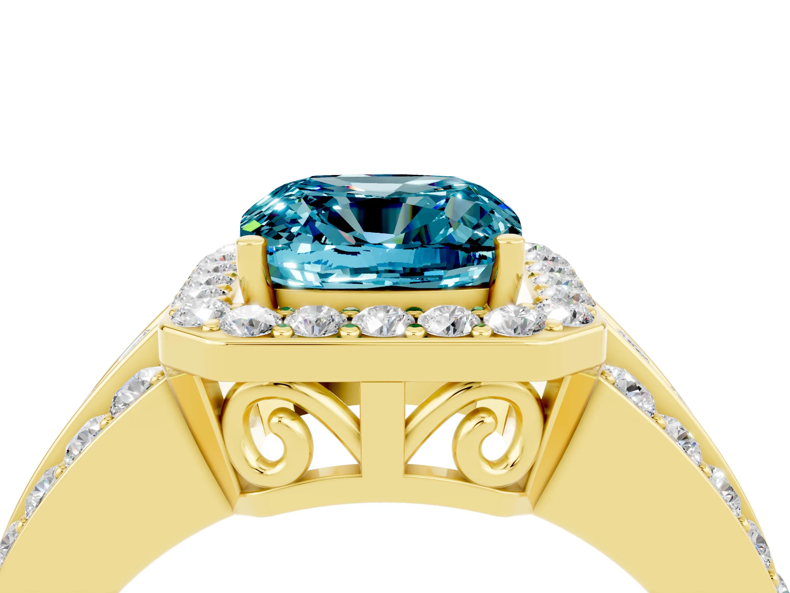 Yellow gold Cushion Cut Halo Blue Topaz Ring with Split Shank and Four-Prong Setting_4