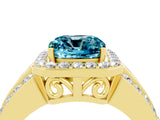 Yellow gold Cushion Cut Halo Blue Topaz Ring with Split Shank and Four-Prong Setting_4