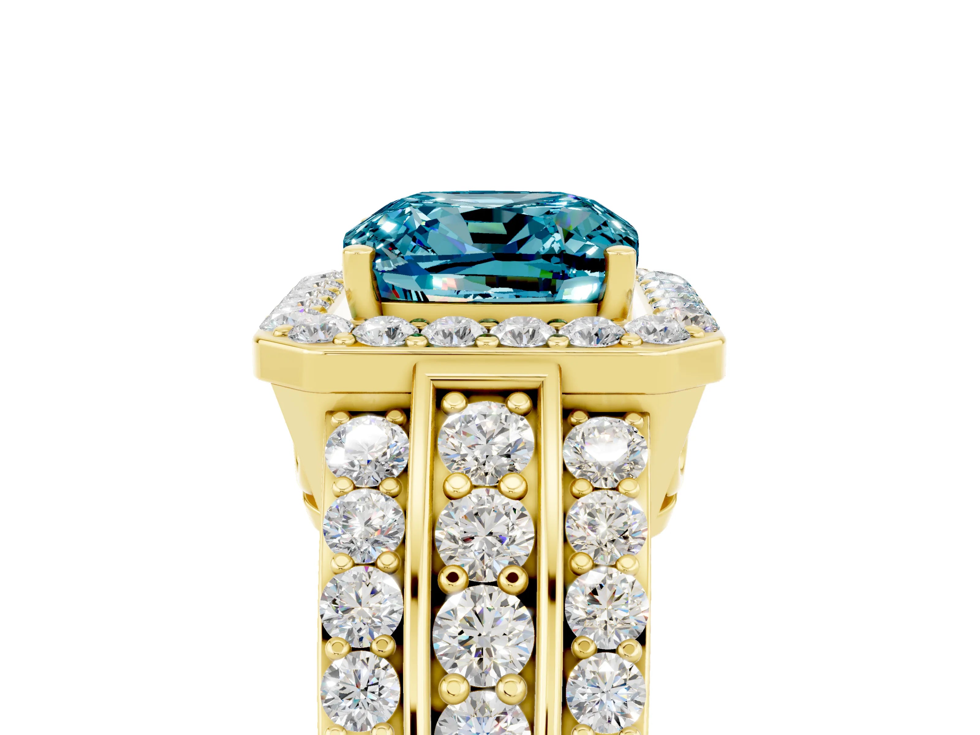 Yellow gold Cushion Cut Halo Blue Topaz Ring with Split Shank and Four-Prong Setting_5