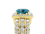 Yellow gold Cushion Cut Halo Blue Topaz Ring with Split Shank and Four-Prong Setting_5