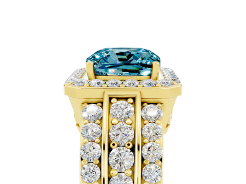 Yellow gold Cushion Cut Halo Blue Topaz Ring with Split Shank and Four-Prong Setting_5