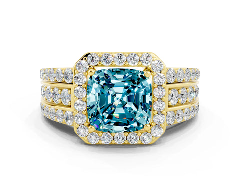 Yellow gold Cushion Cut Halo Blue Topaz Ring with Split Shank and Four-Prong Setting