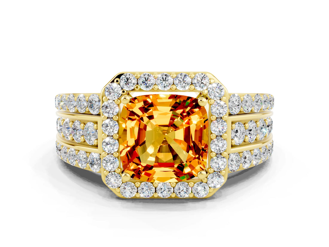 Yellow gold Cushion Cut Halo Citrine Ring with Split Shank and Four-Prong Setting