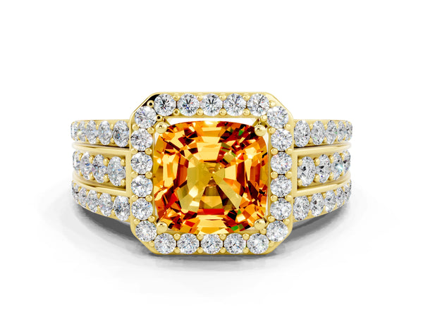 Yellow gold Cushion Cut Halo Citrine Ring with Round  Split Shank and Prong Setting