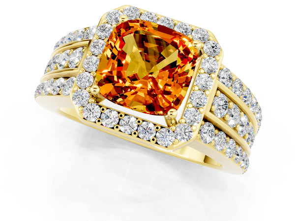 Yellow gold Cushion Cut Halo Citrine Ring with Round  Split Shank and Prong Setting