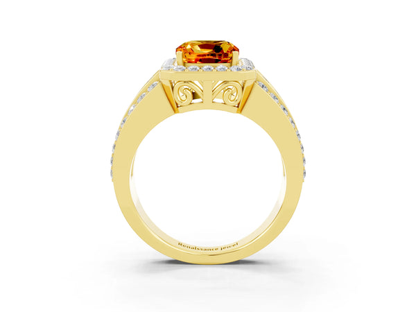Yellow gold Cushion Cut Halo Citrine Ring with Round  Split Shank and Prong Setting