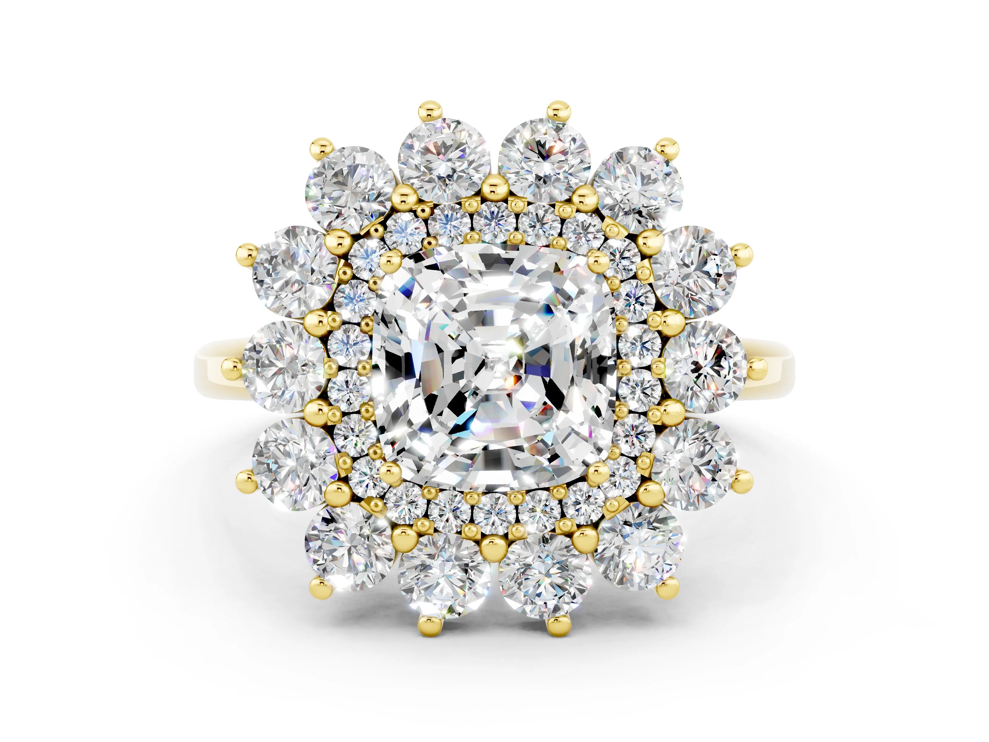 Yellow gold Cushion Cut Halo Cluster Diamond Ring with Pave Band and Four-Prong Setting