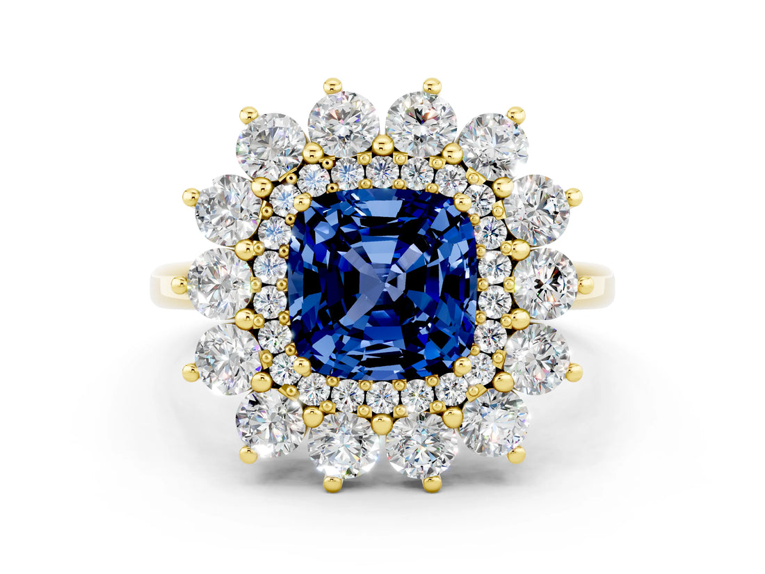 Yellow gold Cushion Cut Halo Cluster Diamond Ring with Pave Band and Four-Prong Setting_12