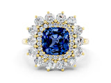 Yellow gold Cushion Cut Halo Cluster Diamond Ring with Pave Band and Four-Prong Setting_12