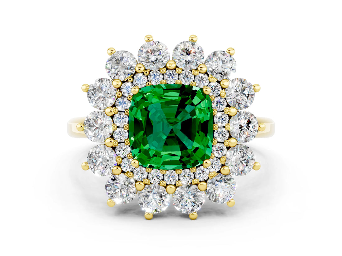 Yellow gold Cushion Cut Halo Cluster Diamond Ring with Pave Band and Four-Prong Setting_12