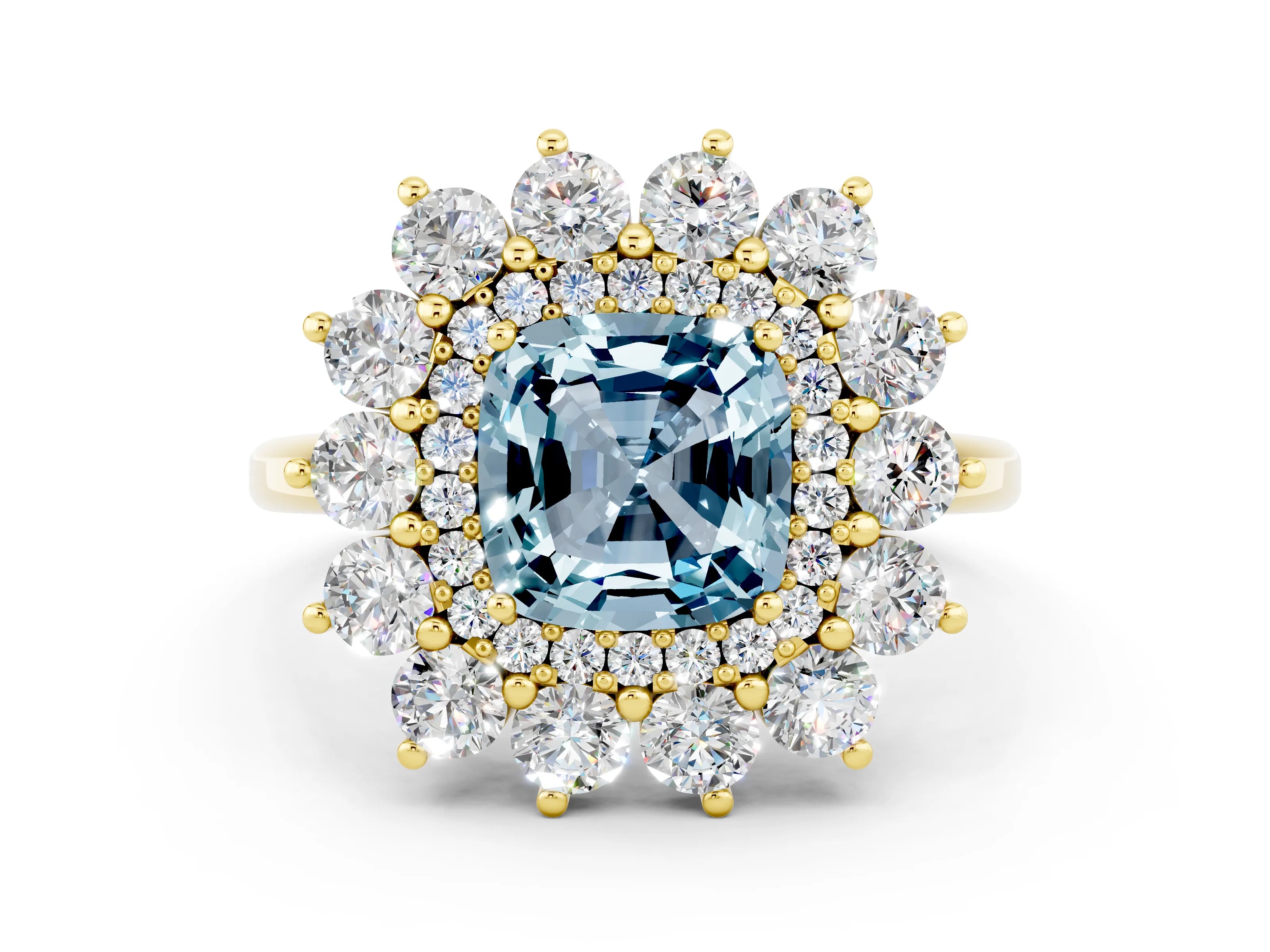 Yellow gold Cushion Cut Halo Cluster Diamond Ring with Pave Band and Four-Prong Setting_12