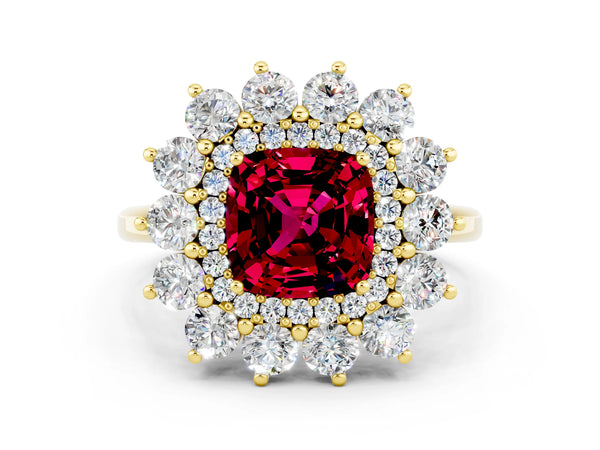Yellow gold Cushion Cut Garnet Floral Double Halo Engagement Ring with Prong Setting