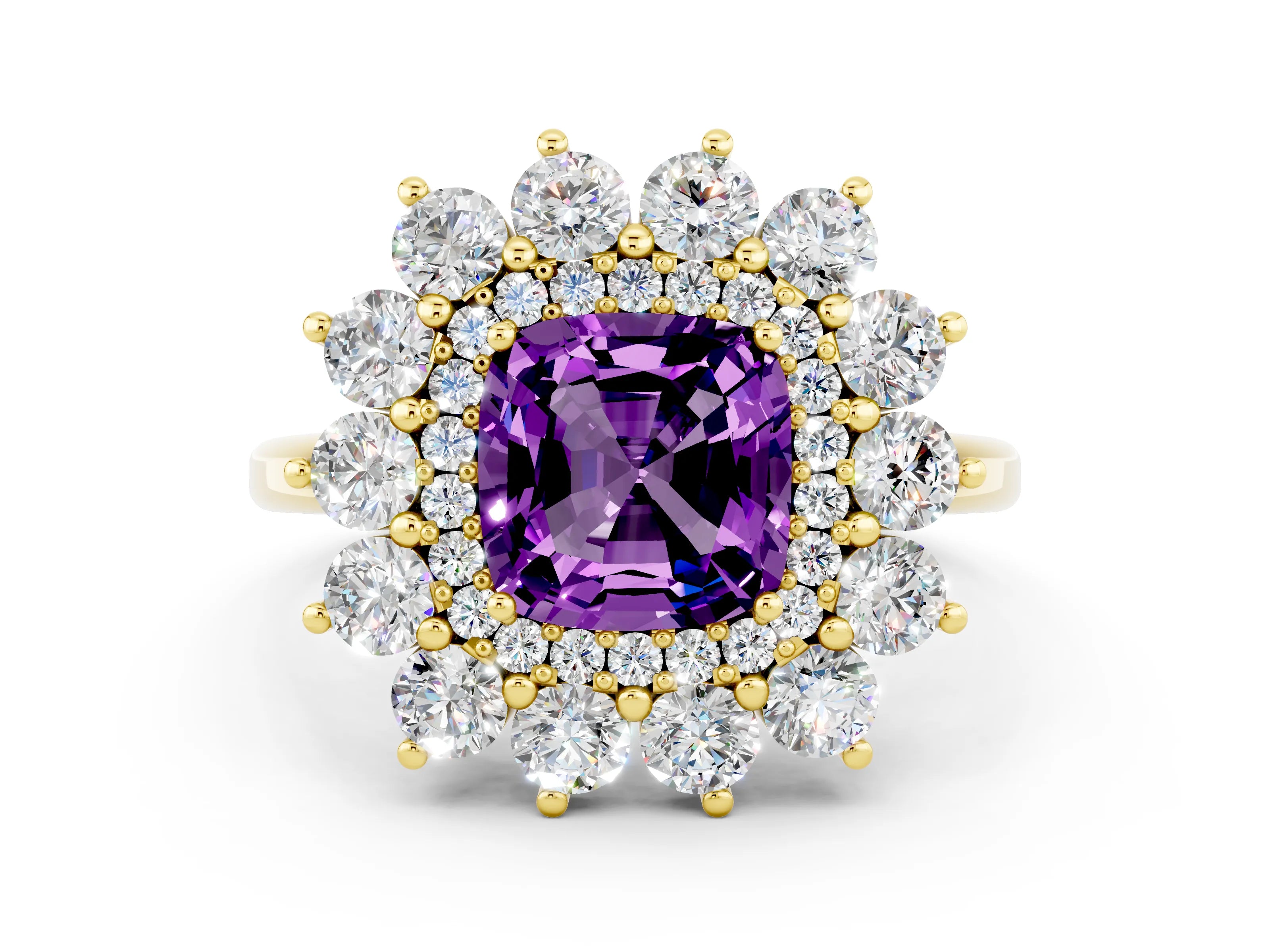 Yellow gold Cushion Cut Halo Cluster Diamond Ring with Pave Band and Four-Prong Setting_12