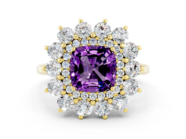 Yellow gold Cushion Cut Amethyst Floral Double Halo Engagement Ring with Prong Setting