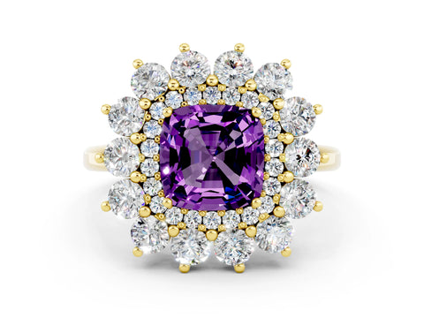 Yellow gold Cushion Cut Halo Cluster Diamond Ring with Pave Band and Four-Prong Setting_12