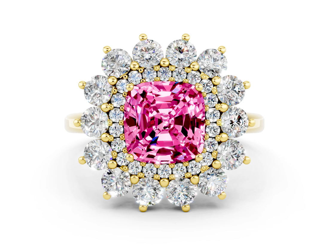 Yellow gold Cushion Cut Halo Cluster Diamond Ring with Pave Band and Four-Prong Setting_12