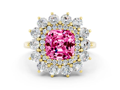Yellow gold Cushion Cut Halo Cluster Diamond Ring with Pave Band and Four-Prong Setting_12
