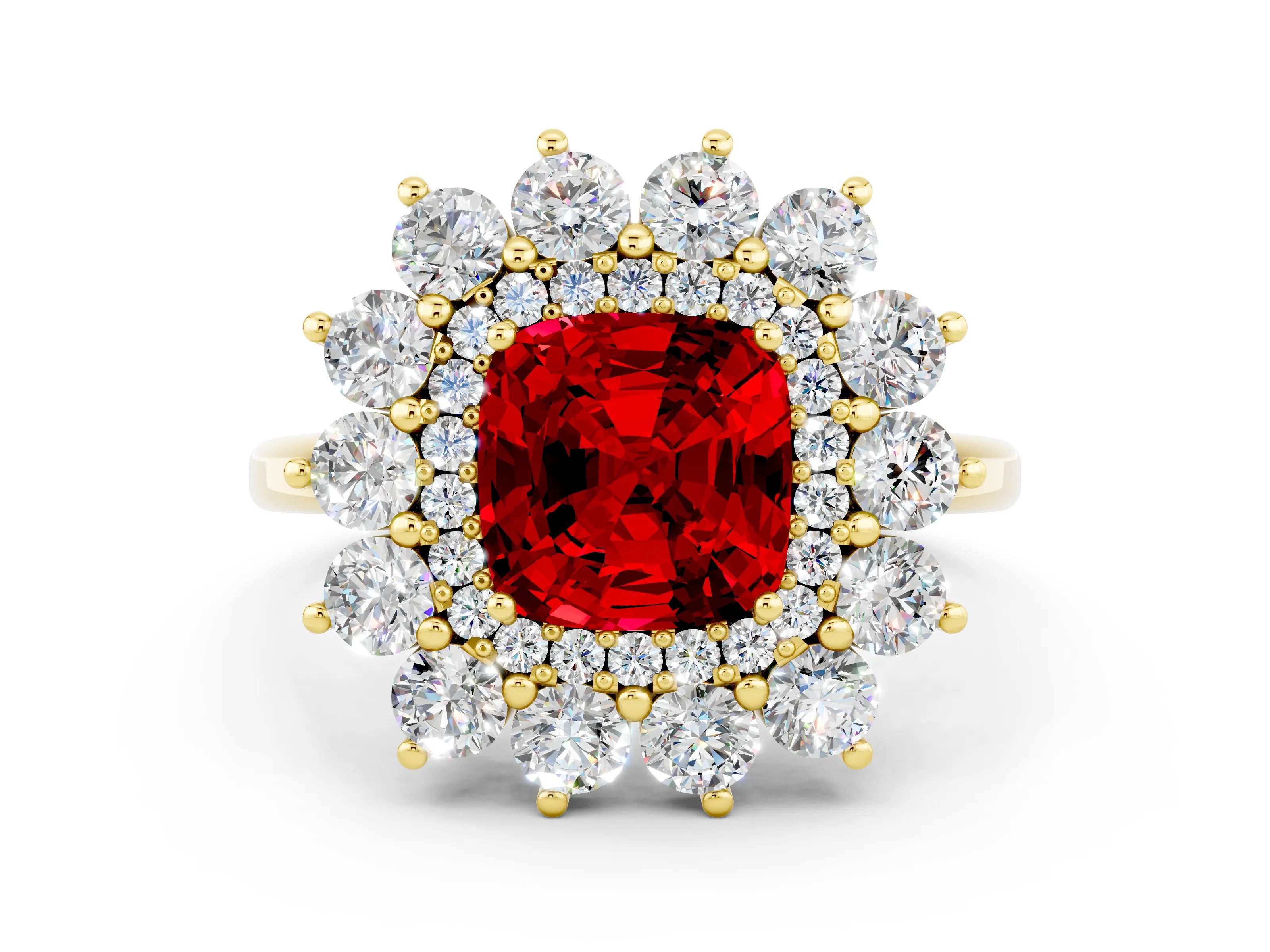 Yellow gold Cushion Cut Halo Cluster Diamond Ring with Pave Band and Four-Prong Setting_12