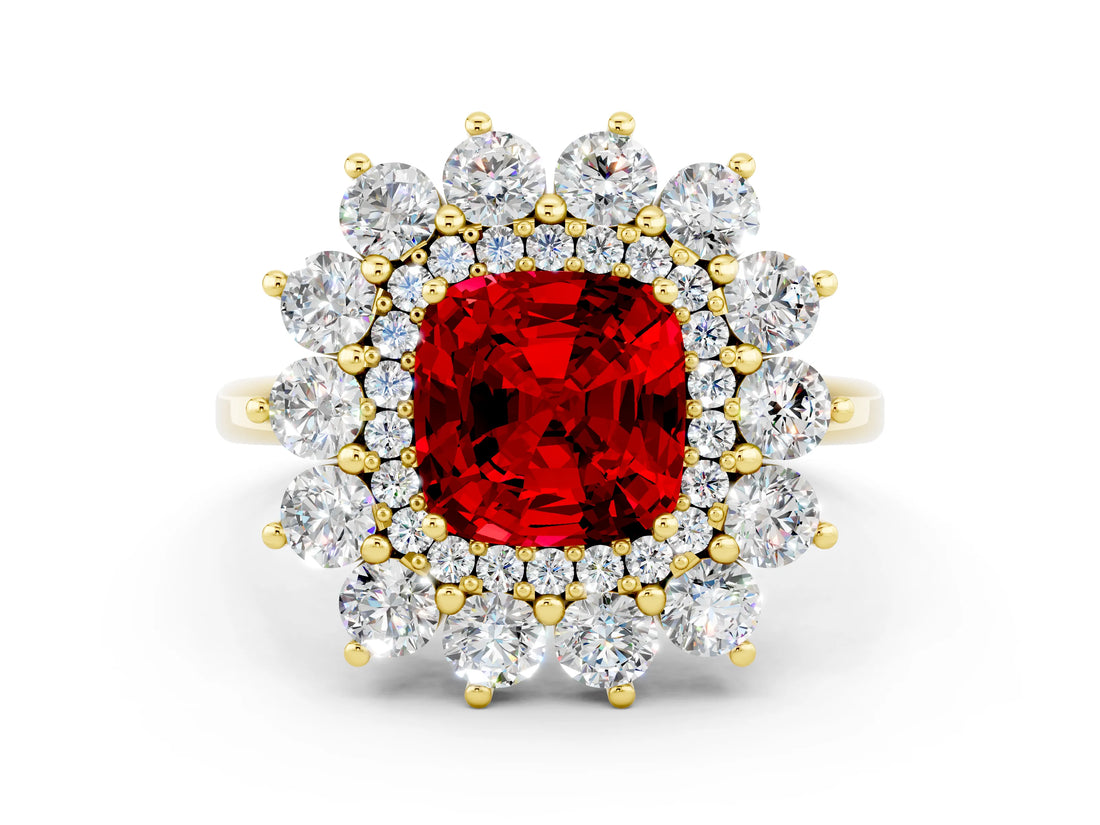 Yellow gold Cushion Cut Halo Cluster Diamond Ring with Pave Band and Four-Prong Setting_12