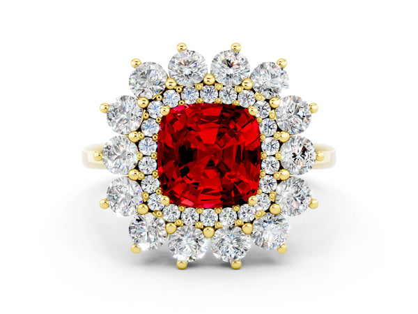 Yellow gold Cushion Cut Ruby Floral Double Halo Engagement Ring with Prong Setting