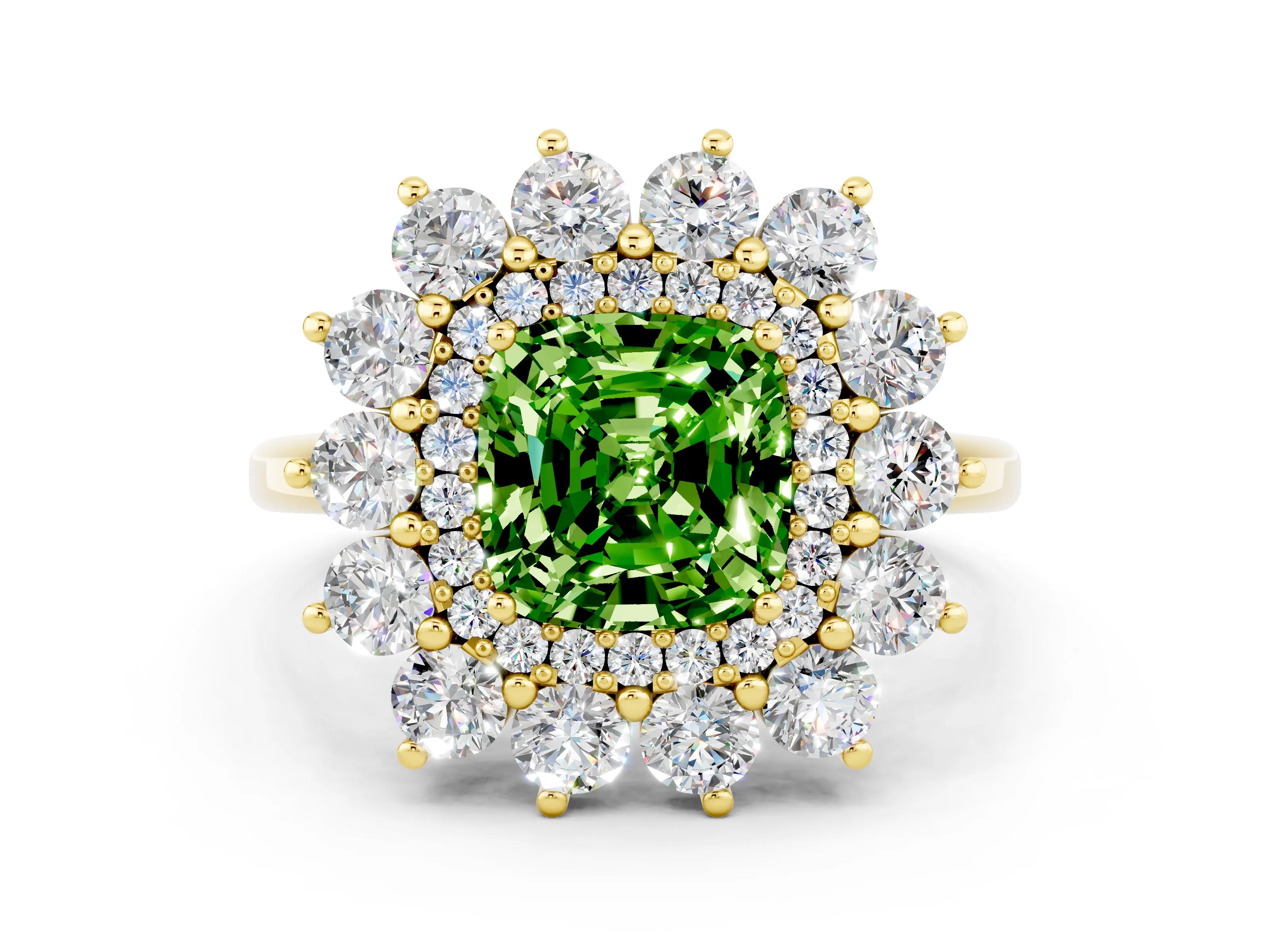 Yellow gold Cushion Cut Halo Cluster Diamond Ring with Pave Band and Four-Prong Setting_12