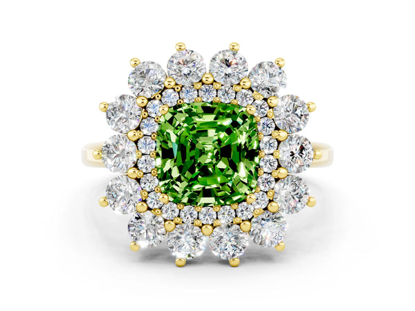 Yellow gold Cushion Cut Peridot Floral Double Halo Engagement Ring with Prong Setting