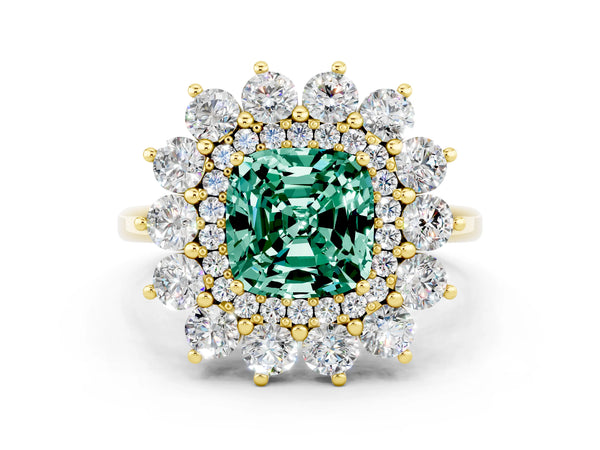 Yellow gold Cushion Cut Green Sapphire Floral Double Halo Engagement Ring with Prong Setting