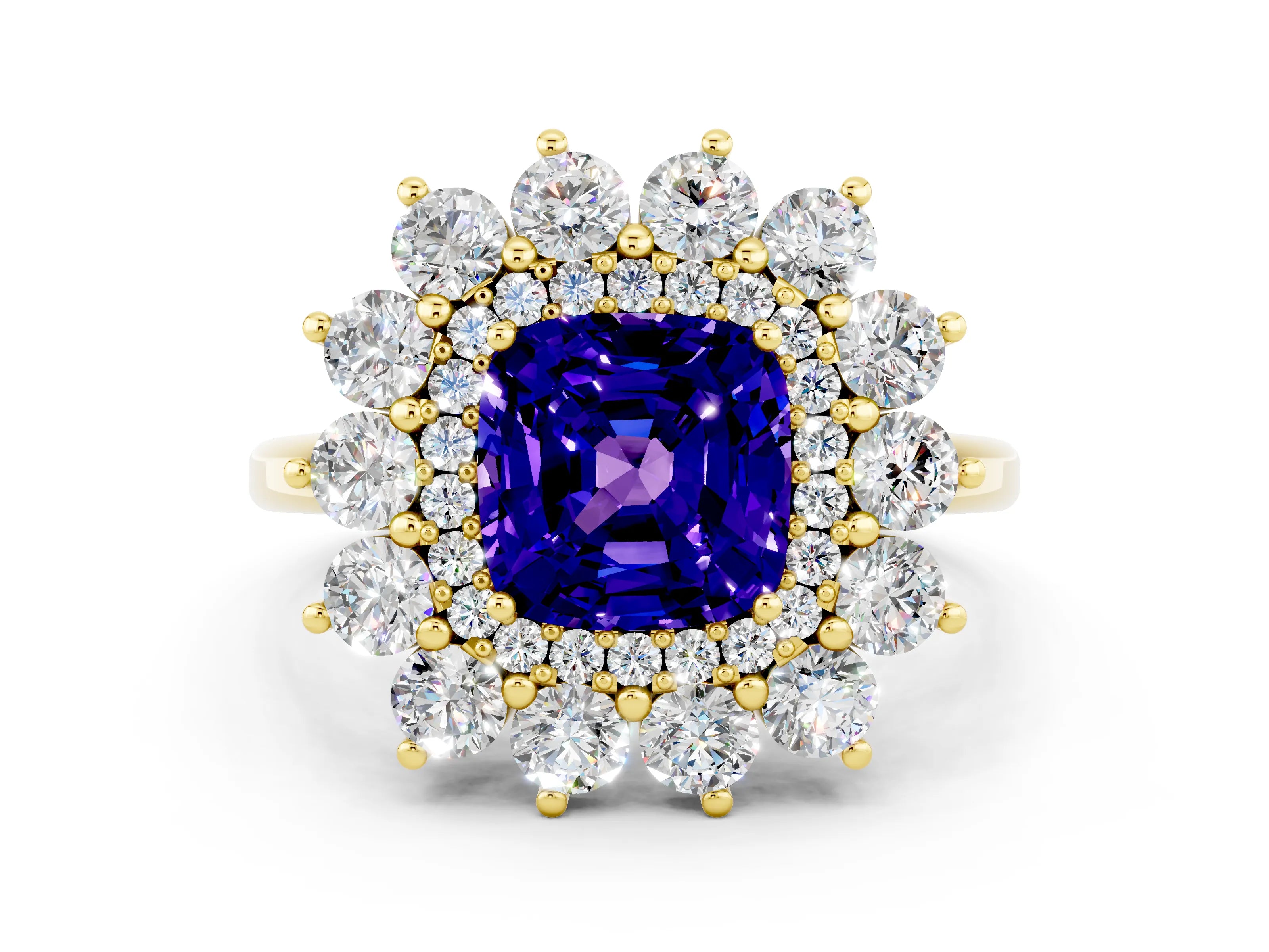 Yellow gold Cushion Cut Halo Cluster Diamond Ring with Pave Band and Four-Prong Setting_12