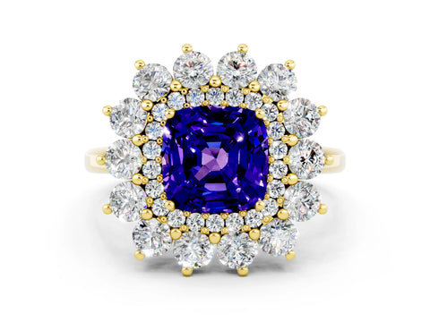 Yellow gold Cushion Cut Halo Cluster Diamond Ring with Pave Band and Four-Prong Setting_12