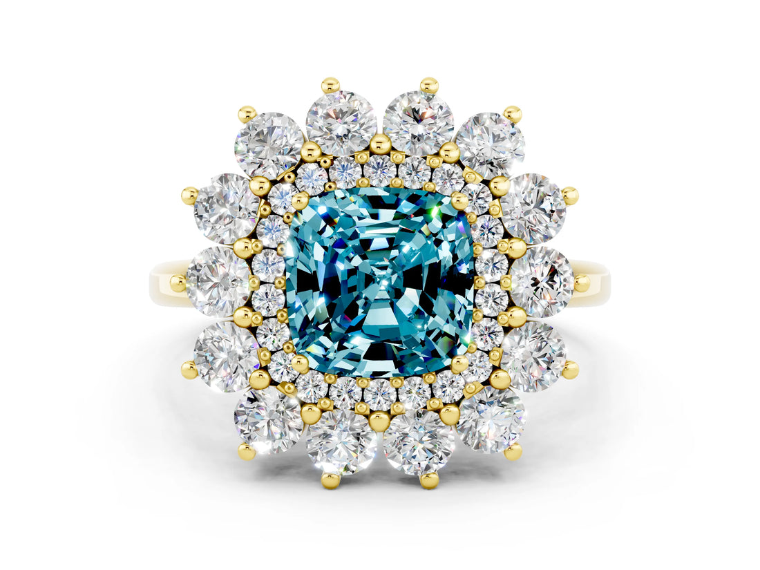 Yellow gold Cushion Cut Halo Cluster Diamond Ring with Pave Band and Four-Prong Setting_12