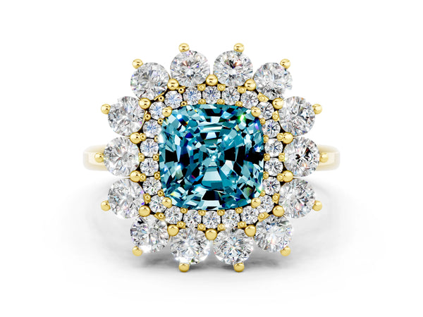 Yellow gold Cushion Cut Blue Topaz Floral Double Halo Engagement Ring with Prong Setting