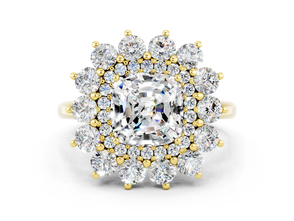 Yellow gold Cushion Cut Moissanite Floral Double Halo Engagement Ring with Prong Setting