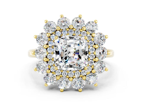 Yellow gold Cushion Cut Halo Cluster Diamond Ring with Pave Band and Four-Prong Setting_12