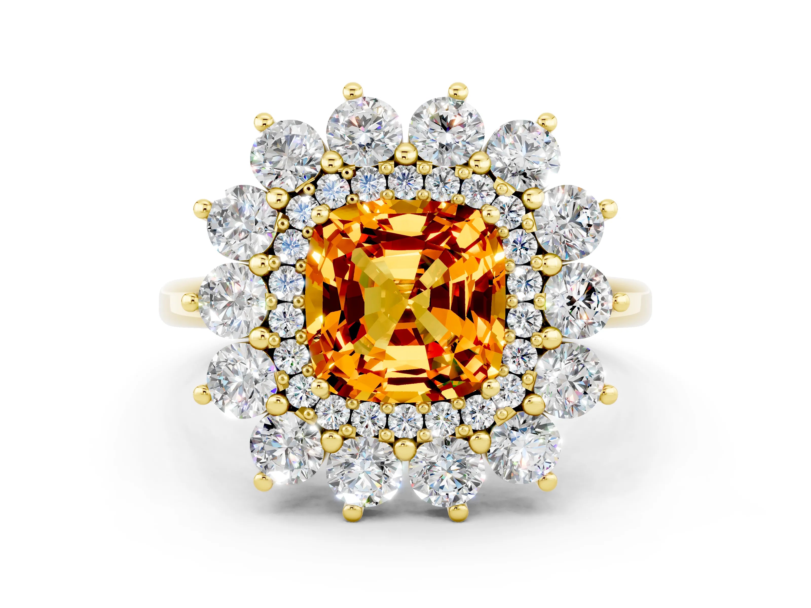 Yellow gold Cushion Cut Halo Cluster Diamond Ring with Pave Band and Four-Prong Setting_12