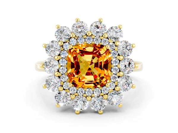 Yellow gold Cushion Cut Citrine Floral Double Halo Engagement Ring with Prong Setting