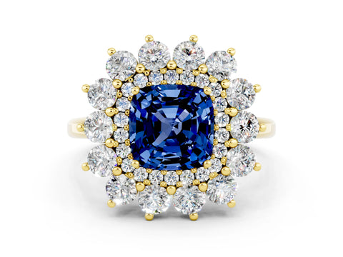 Yellow gold Cushion Cut Halo Cluster Diamond Ring with Pave Band and Four-Prong Setting_12