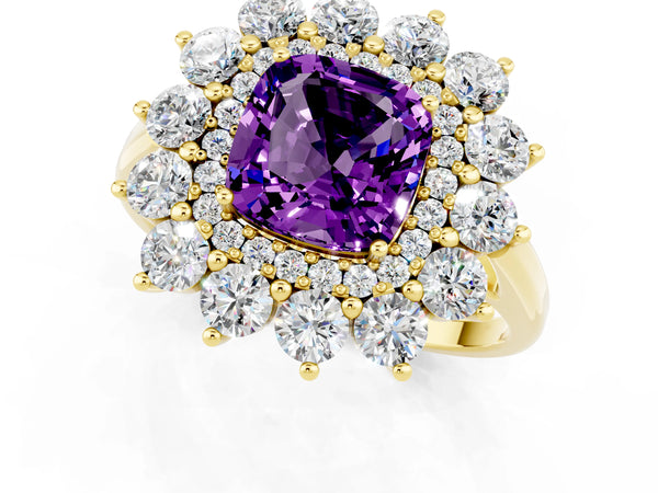 Yellow gold Cushion Cut Amethyst Floral Double Halo Engagement Ring with Prong Setting